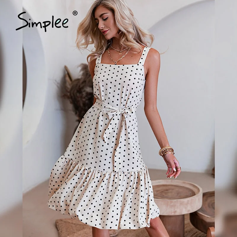 Overstock Back to College Simplee Casual Polka Dot Spaghetti Strap Women Dress Summer Summer midi Sleeveless Vestidos  Elegant lace-up ladies dresses