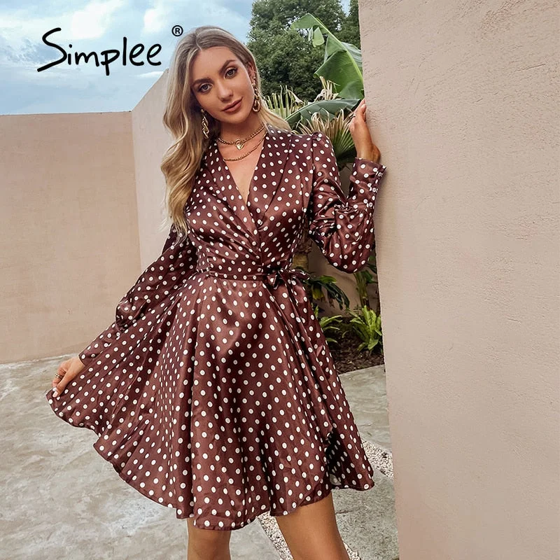 Price Reduction Back to College Simplee Elegant polka dot v-neck lantern sleeves wrap women party dress Office A-line lace up midi dresses Female split vestidos