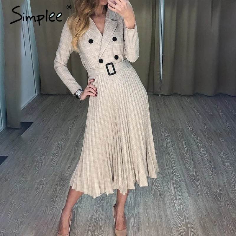 Price Rollback Back to College Simplee Vintage pleated belt plaid dress women Elegant office ladies blazer dresses Long sleeve female autumn midi party dress