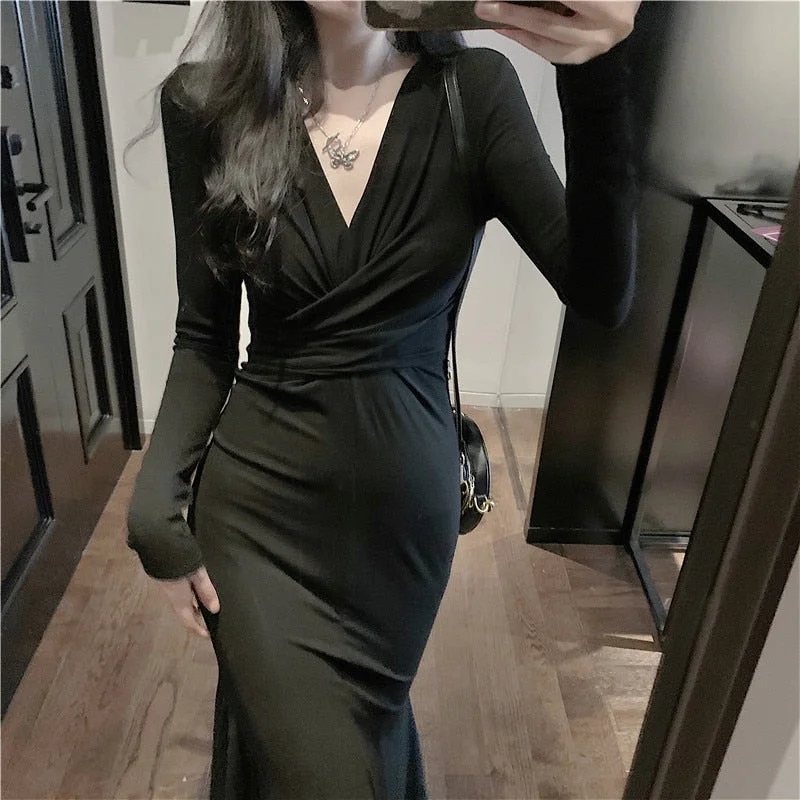 Deal Dash Back to College Solid Sexy Midi Dress Women Office Lady V-neck Design Elegant Dress Casual Evening Party One Piece Dress Korean Autumn Chic Deal Dash Back to College Solid Sexy Midi Dress Women Office Lady V-neck Design Elegant Dress Casual Evening Party One Piece Dress Korean Autumn Chic