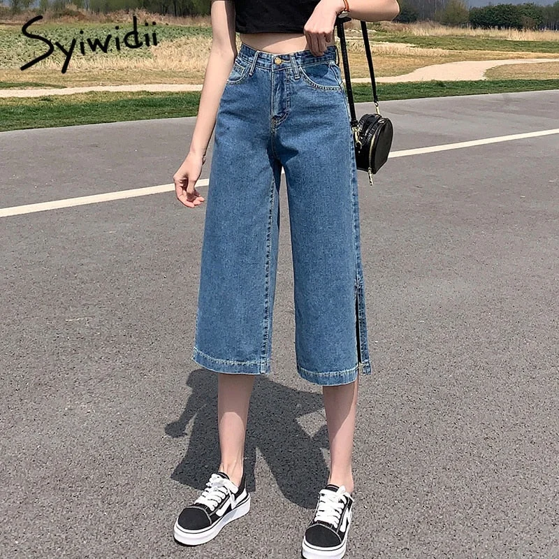 Special Savings Awakecrm Back to College Syiwidii High Waisted Jeans for Women Knee Length Straight Denim Pants Slit Joggers Fashion Clothes Vintage Streetwear Cut