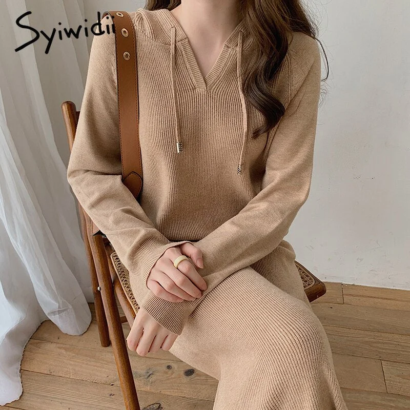 Major Savings Back to College Syiwidii Knitted Midi Dresses Women Autumn Winter  New Long Sleeve Elegant Long Dress with Hooded Loose Female Sweater Dress