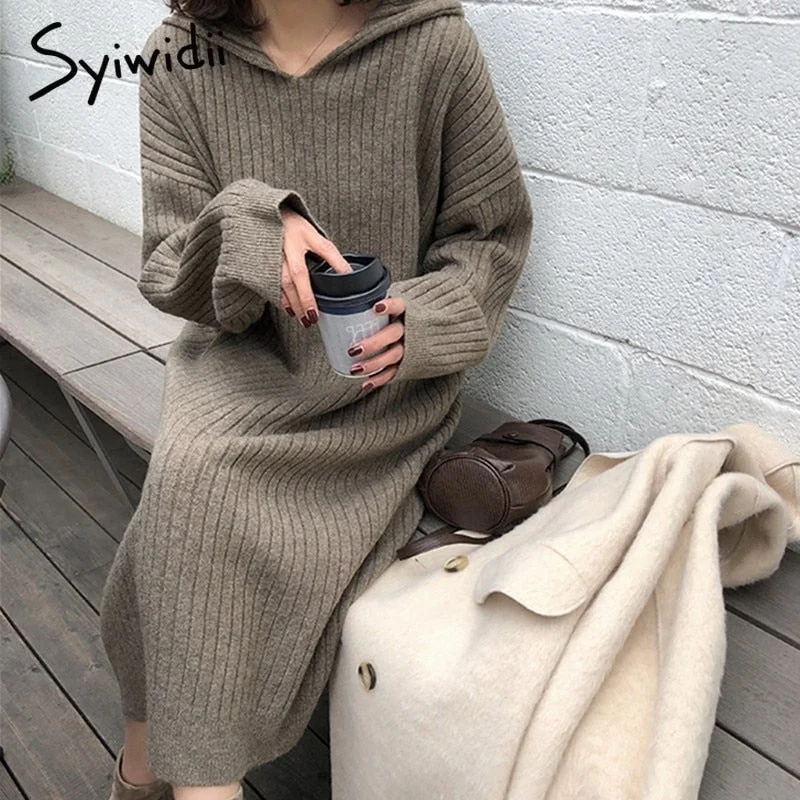 Midnight Madness Back to College Syiwidii Knitting Dresses for Women Fall Winter  New Elegant Loose Long Sleeve A Line Hooded Sweater Midi Dress Black Gray