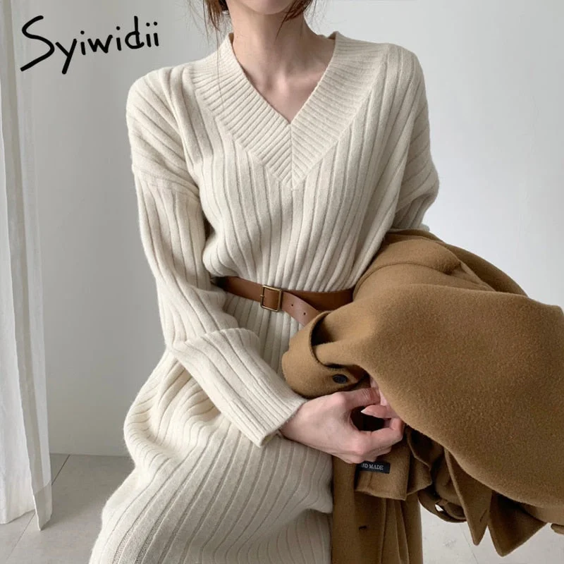 Limited Availability Back to College Syiwidii Midi Sweater Dresses Women Autumn Winter  V Neck Long Sleeve Warm Elegant Long Casual Loose Ladies Harajuku Dress