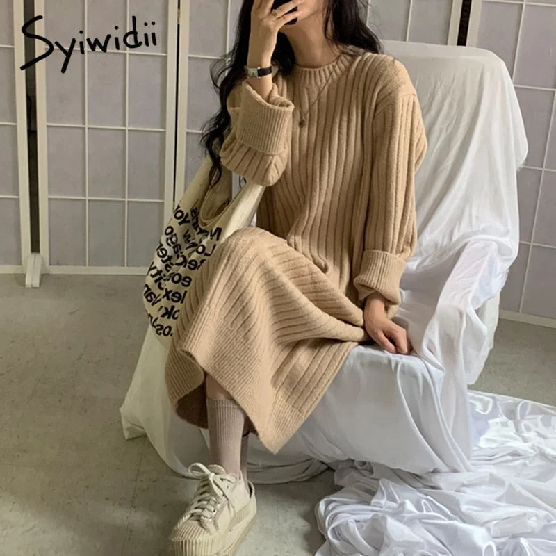 Huge Discounts Back to College Syiwidii Ribbed Knitted Midi Dresses for Women Autumn Winter New Pullovers O-Neck Long Sleeve A Line Korean Sweater Dress Huge Discounts Back to College Syiwidii Ribbed Knitted Midi Dresses for Women Autumn Winter New Pullovers O-Neck Long Sleeve A Line Korean Sweater Dress
