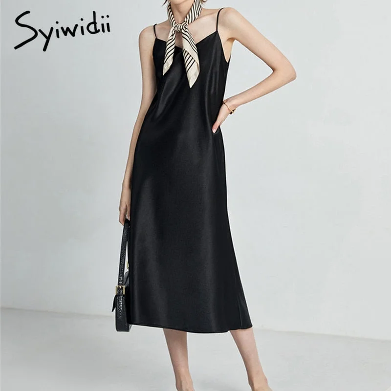 New Markdowns Back to College Syiwidii Silk Dress for Women Satin Summer Black Party Sleeveless Trumpet  Mermaid Evening Midi Spaghetti Strap  Fashion New