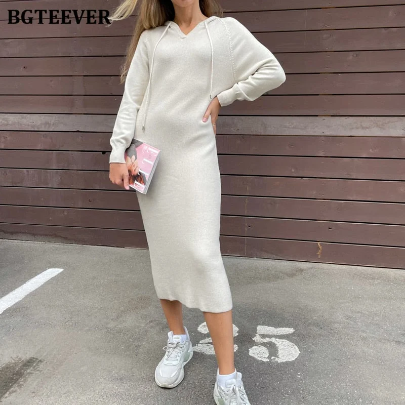 Amazing Deals BGTEEVER Autumn Winter Women Dress Hooded Knitted Midi Dresses for Women Long Sleeve Loose Female Sweater Vestidos Amazing Deals BGTEEVER Autumn Winter Women Dress Hooded Knitted Midi Dresses for Women Long Sleeve Loose Female Sweater Vestidos