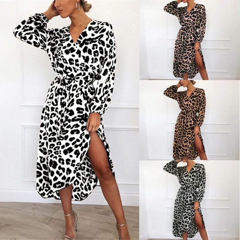 Unbeatable Prices Bikoles  Autumn Women's Sexy Empire Bandage Long Sleeve Midi Dress Fashion Casual V Neck A Line Leopard Club Ladies Dresses