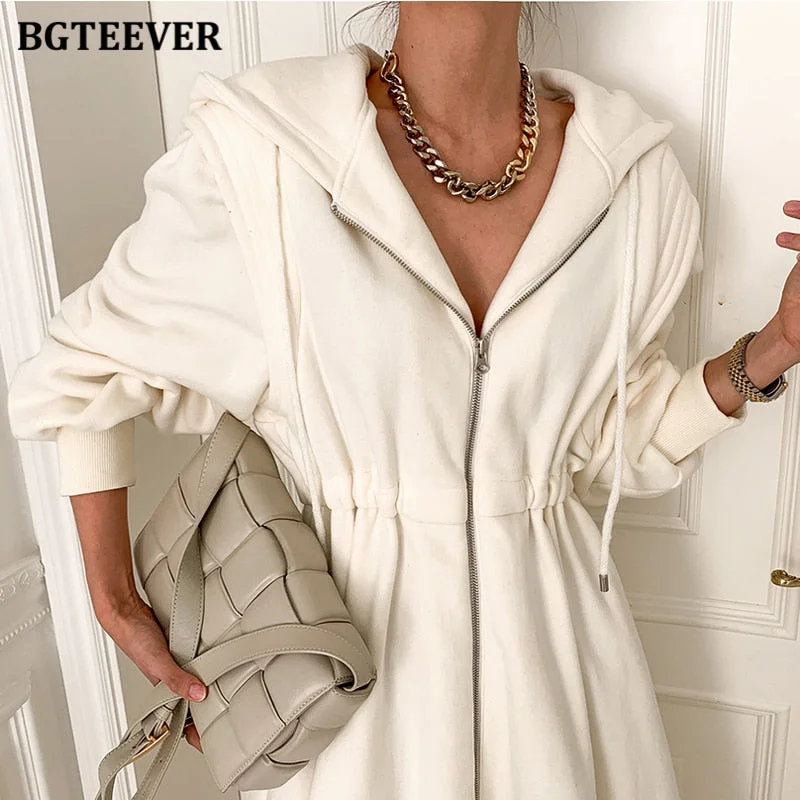 Unbeatable Prices Christmas Gift BGTEEVER Chic Zippers Women Hooded Sweatshirt Midi Dress Casual Elastic Waist Long Sleeve Female A-line Dress Spring Unbeatable Prices Christmas Gift BGTEEVER Chic Zippers Women Hooded Sweatshirt Midi Dress Casual Elastic Waist Long Sleeve Female A-line Dress Spring