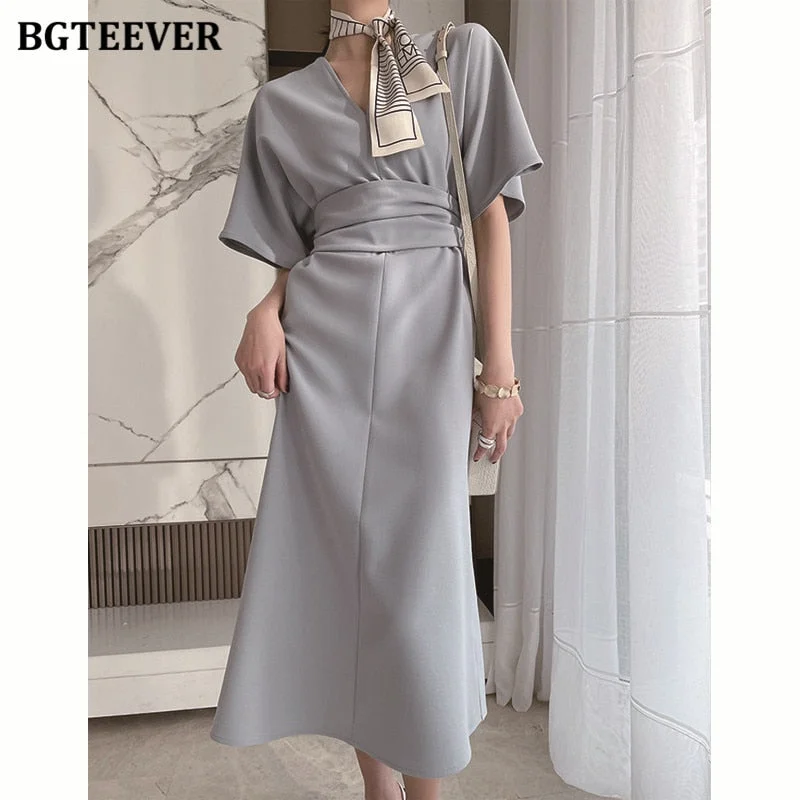 Deal Explosion Christmas Gift BGTEEVER Elegant V-neck Short SleBGTEeve Women Solid Dress Slim Waist Casual A-line Vestidos Femme Summer Ladies Midi Dress Deal Explosion Christmas Gift BGTEEVER Elegant V-neck Short SleBGTEeve Women Solid Dress Slim Waist Casual A-line Vestidos Femme Summer Ladies Midi Dress