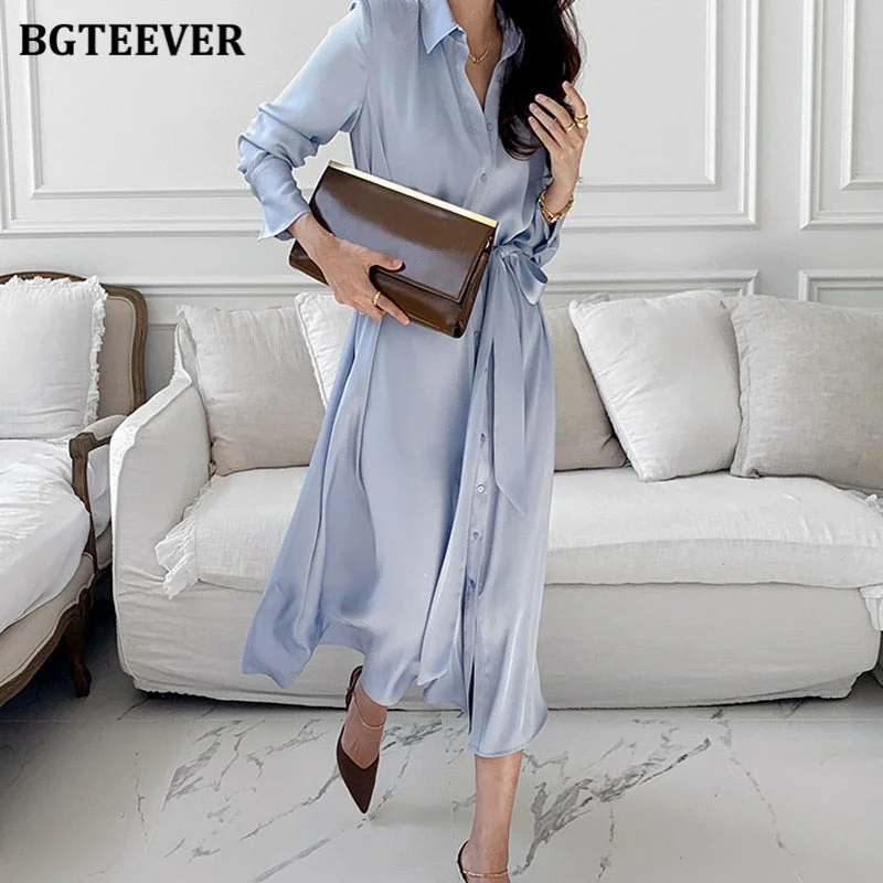 Price Break Christmas Gift BGTEEVER Spring Summer Satin Shirt Dress for Women Elegant Full Sleeve Single-breasted Lace-up Female Midi Dress Vestidos Price Break Christmas Gift BGTEEVER Spring Summer Satin Shirt Dress for Women Elegant Full Sleeve Single-breasted Lace-up Female Midi Dress Vestidos