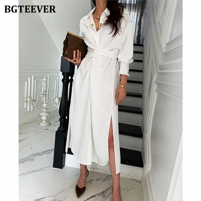 Savings Bonanza Christmas Gift BGTEEVER Summer Turn-down Collar Women Midi Dress Full Sleeve Single-breasted Female Shirt Dress Ladies Side Split Solid Vestido Savings Bonanza Christmas Gift BGTEEVER Summer Turn-down Collar Women Midi Dress Full Sleeve Single-breasted Female Shirt Dress Ladies Side Split Solid Vestido