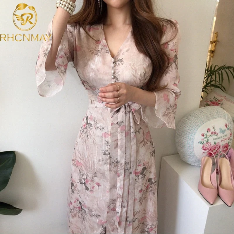 Year-End Sale Awakecrm  Chic Summer Women Print Midi Chiffon Dress Slim Elegant  Bandage Dress Elegant Runway Dresses Vestido party dress
