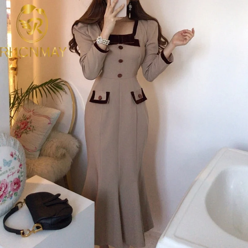 Reduced Prices Christmas Gift Elegant Dress Women Casual Office Lady Midi Dress Chic Square Collar Long Sleeve Sexy Party Mermaid Dress Korean Autumn Reduced Prices Christmas Gift Elegant Dress Women Casual Office Lady Midi Dress Chic Square Collar Long Sleeve Sexy Party Mermaid Dress Korean Autumn