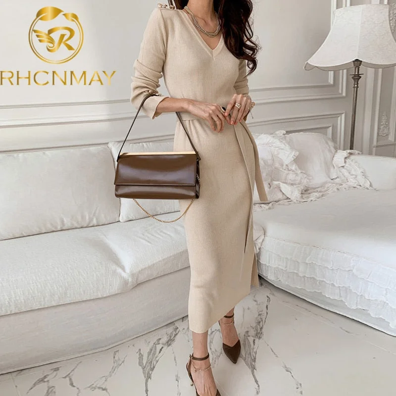 Price Cut Christmas Gift Elegant V Neck Split Midi Dress  Autumn Winter Women Korean Chic Knit Sweater Dress Button Long Sleeve Sashes Bodycon Dress