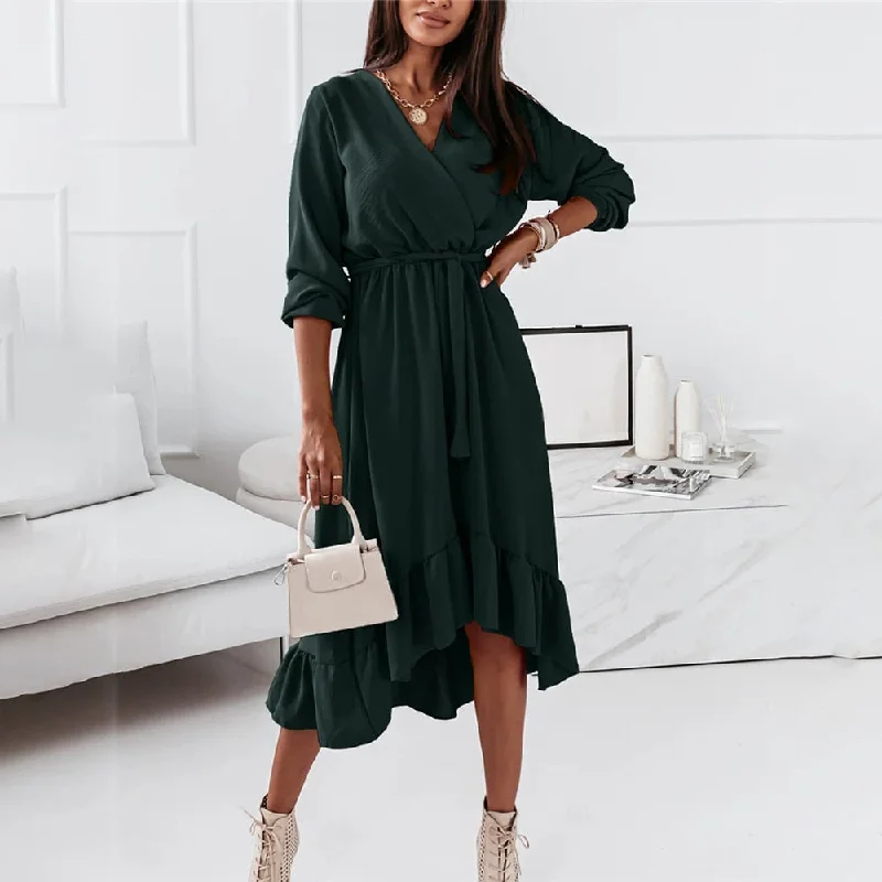 Closeout Christmas Gift Fashion V Neck Long Sleeve Green Midi Dress Women Fall Clothes Casual Elegant Office Ladies Dresses For Woman Robe Femme Closeout Christmas Gift Fashion V Neck Long Sleeve Green Midi Dress Women Fall Clothes Casual Elegant Office Ladies Dresses For Woman Robe Femme