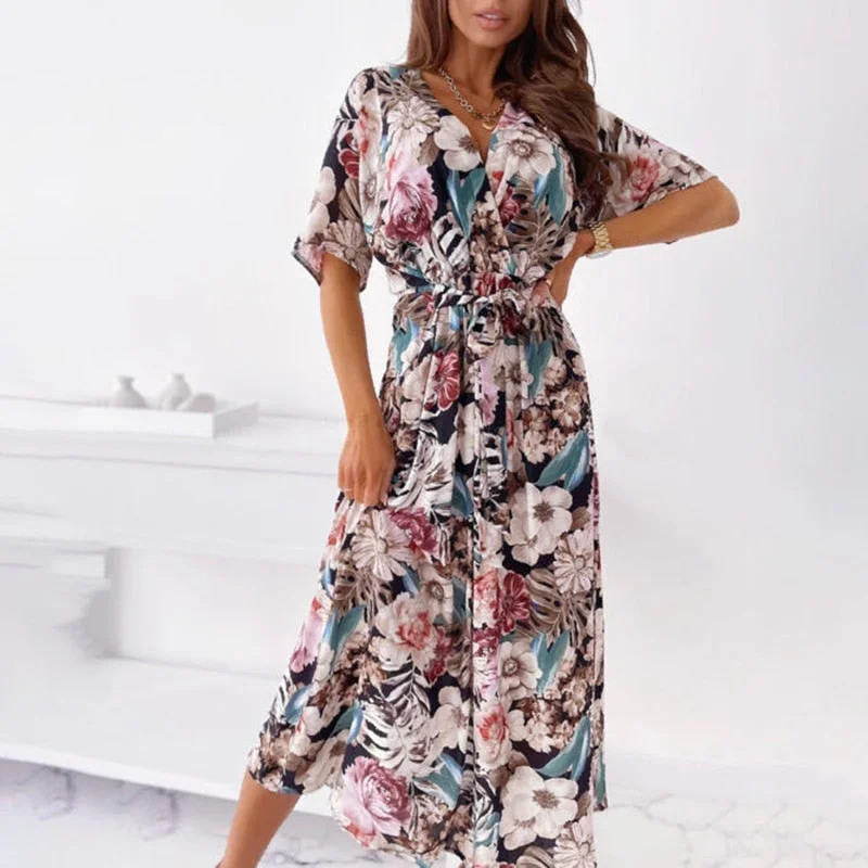Bonus Savings Christmas Gift Fashion V Nekc Short Sleeve Flowers Print Long Dress Woman Summer Beach Boho Casual Midi Dresses For Women Robe Femme Bonus Savings Christmas Gift Fashion V Nekc Short Sleeve Flowers Print Long Dress Woman Summer Beach Boho Casual Midi Dresses For Women Robe Femme