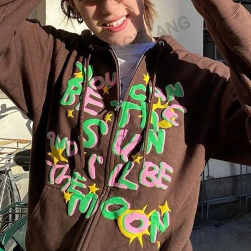 Final Sale Christmas Gift Graffiti Zip-up Vintage Brown Hoodie Y2k Aesthetic Graphic Print Long Sleeve Sweatshirt 90s Streetwear Punk E-girl Outerwear