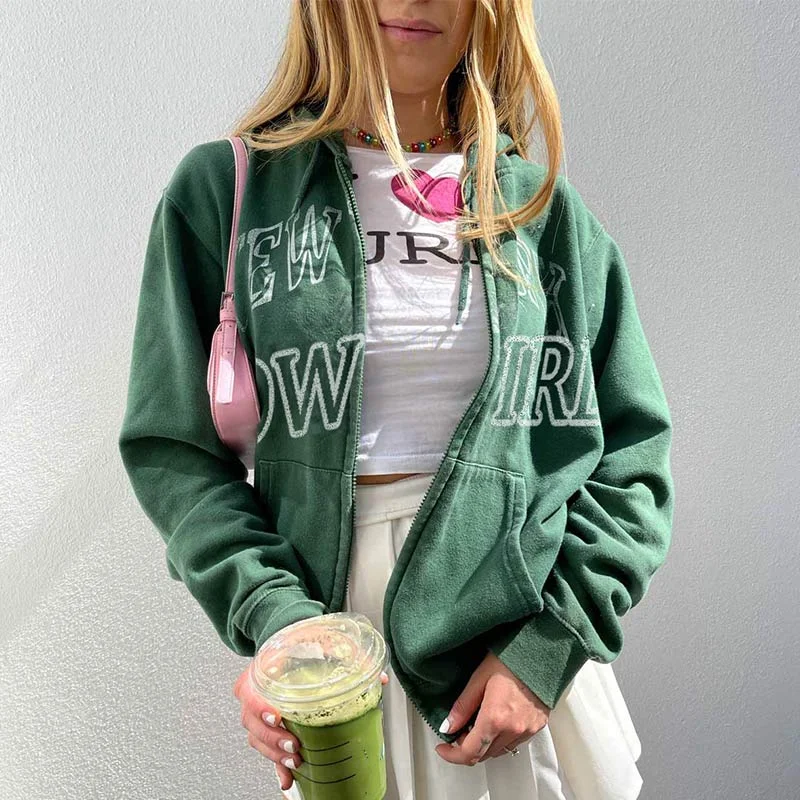 Limited Time Christmas Gift Green Letter Print Zipper Women Hooded Sweater Vintage Loose Casual Jacket Hoodie Baseball Uniform Streetwear Fall Winter Limited Time Christmas Gift Green Letter Print Zipper Women Hooded Sweater Vintage Loose Casual Jacket Hoodie Baseball Uniform Streetwear Fall Winter