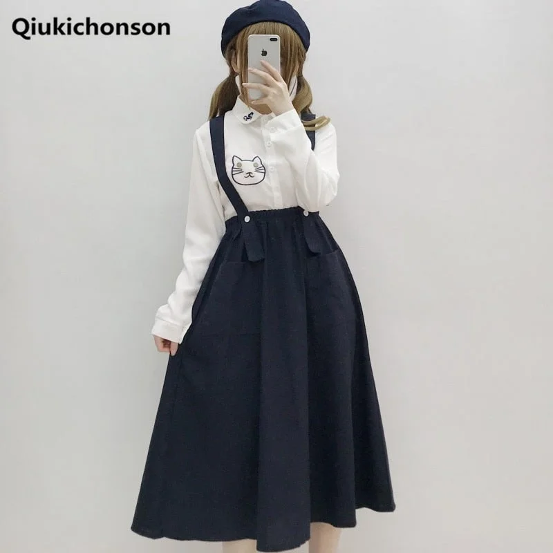 The Best Prices Christmas Gift Japanese Mori Girl Long Skirt Midi Women Summer Preppy Style Navy Blue Sundress With Two Pockets Students Cute Suspender Skirts The Best Prices Christmas Gift Japanese Mori Girl Long Skirt Midi Women Summer Preppy Style Navy Blue Sundress With Two Pockets Students Cute Suspender Skirts