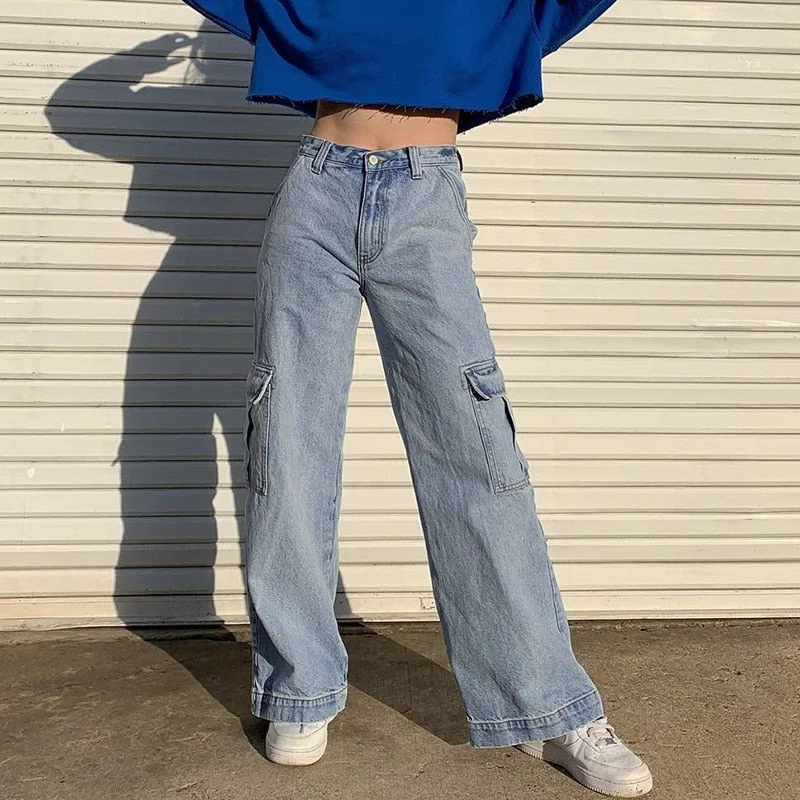 Steals and Deals Awakecrm Christmas Gift JMPRS Autumn Women Jeans Fashion Pockets Patchwork High Waist Streetwear Causal Pure Cotton Straight Female Cargo Denim Pants