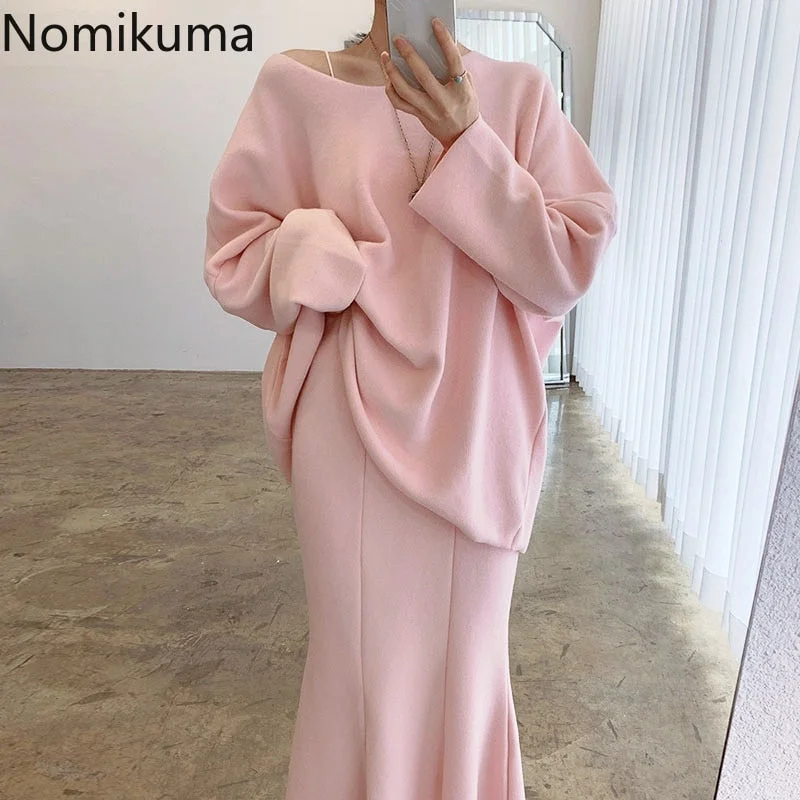 Quick Sale Christmas Gift Nomikuma Korean Chic Autumn Long Sleeve Loose Sweatshirt High Waist Trumpet Skirt Solid Color Sweet Pink Women Two Piece Set Quick Sale Christmas Gift Nomikuma Korean Chic Autumn Long Sleeve Loose Sweatshirt High Waist Trumpet Skirt Solid Color Sweet Pink Women Two Piece Set