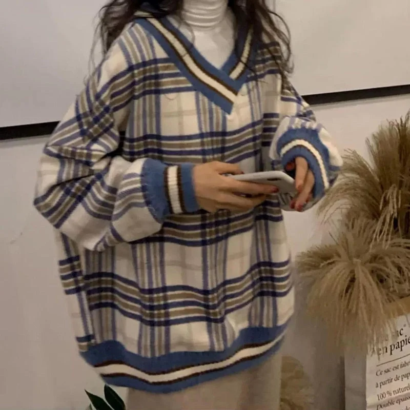 Best Bargains Christmas Gift Plaid Pullover Women Warm Korean Pullover Sweater Loose Vintage Women Turtleneck Sweatshirt V Neck Jumper Long Sleeve Pull Femme Best Bargains Christmas Gift Plaid Pullover Women Warm Korean Pullover Sweater Loose Vintage Women Turtleneck Sweatshirt V Neck Jumper Long Sleeve Pull Femme