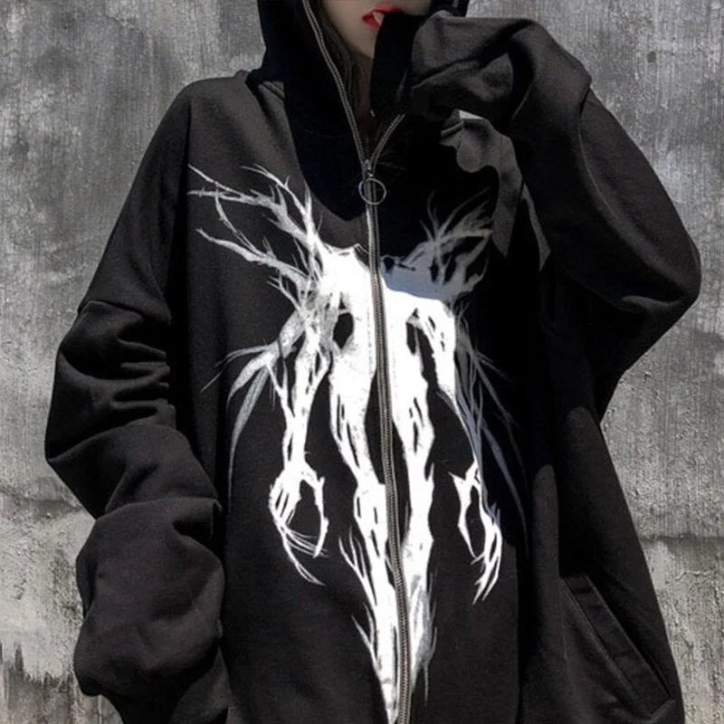 Huge Savings Christmas Gift Punk Grunge Dark Print Zipper Ribbon Hooded Hoodie Women Casual Black Oversize Coat Grunge Harajuku Sweatshirt Streetwear Autumn Huge Savings Christmas Gift Punk Grunge Dark Print Zipper Ribbon Hooded Hoodie Women Casual Black Oversize Coat Grunge Harajuku Sweatshirt Streetwear Autumn