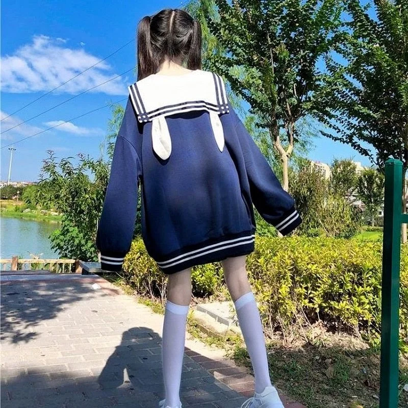 Lowest Price Christmas Gift QWEEK Bunny Hoodie Women Kawaii Sailor Collar Sweatshirt with Lush Sleeves Korean  Casual E Girl Bow Tracksuit Cute Tops New