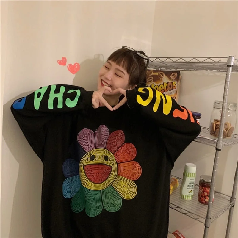 Markdowns Christmas Gift QWEEK Harajuku Rainbow Hoodie Women Sunflower Print Crewneck Sweatshirt Streetwear Y2k Korean Fashion Long Sleeve Pullover Chic