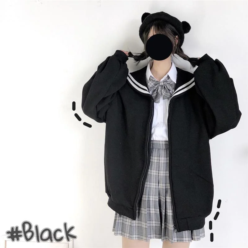 New Deals Christmas Gift QWEEK Kawaii Black Zip Up Hoodie Women Sailor Collar Sweatshirt Japanese Streetwear Soft Girl  Fashion Oversized Sweatshirt