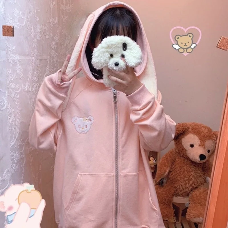 Instant Discount Christmas Gift QWEEK Kawaii Bunny Ears Hoodie Pink Zip Up Sweatshirt Funny Bear Embroidery Tracksuit Cute Tops Korean Fashion Long Sleeve Instant Discount Christmas Gift QWEEK Kawaii Bunny Ears Hoodie Pink Zip Up Sweatshirt Funny Bear Embroidery Tracksuit Cute Tops Korean Fashion Long Sleeve