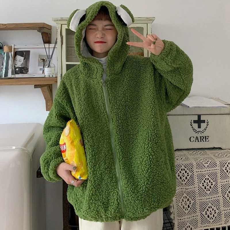 Massive Deals Christmas Gift QWEEK Kawaii Frog Hoodie Women Cute Zip Up Sweatshirt Animal Ears Zipper Pullover Korean Style  Sweet Green Top Alt Clothes