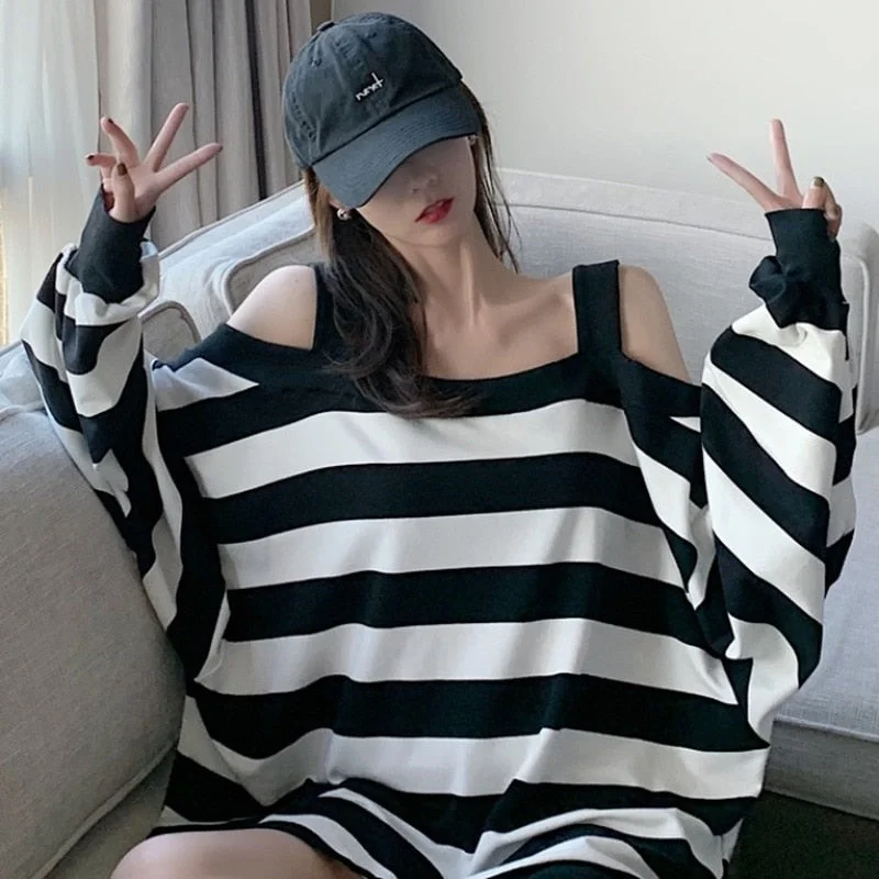 Final Clearance Christmas Gift QWEEK Striped Sweatshirt Women Harajuku Gothic Hoodie Clothes Cotton Korean Long Sleeve Off Shoulder Kawaii Tops Oversize Kpop Final Clearance Christmas Gift QWEEK Striped Sweatshirt Women Harajuku Gothic Hoodie Clothes Cotton Korean Long Sleeve Off Shoulder Kawaii Tops Oversize Kpop