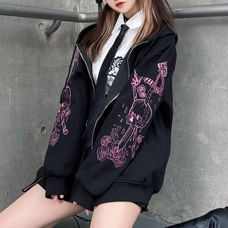 Great Bargains Christmas Gift Retro Black Y2K Punk Skull Print Zipper Ribbon Hoodie Super Spicy Ladies Oversized Jacket Tops 90s Streetwear Retro Sweatshirt Great Bargains Christmas Gift Retro Black Y2K Punk Skull Print Zipper Ribbon Hoodie Super Spicy Ladies Oversized Jacket Tops 90s Streetwear Retro Sweatshirt
