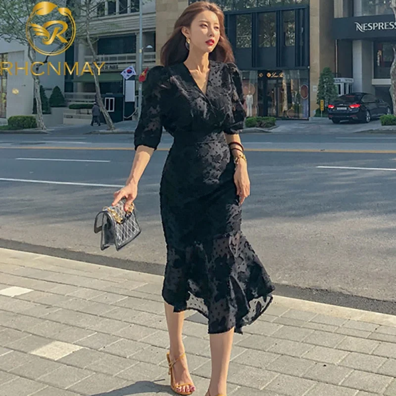 Limited Time Offer Awakecrm  Spring New Korean Style Office Ladies Midi Mermaid Dress Women Chiffon Three Quarter Sleeve Bodycon Ruffles Party Dresses