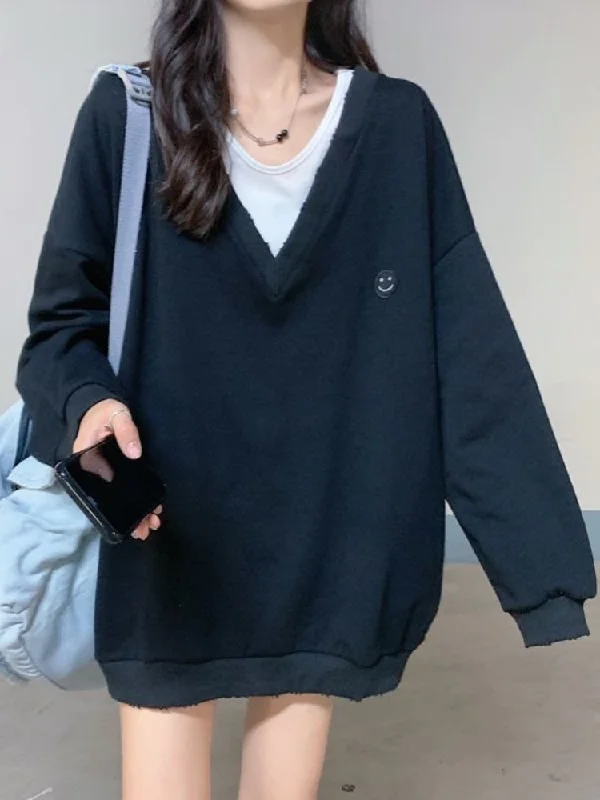 Deal Dash Awakecrm Deeptown Preppy Style Black Oversized Hoodies Women Harajuku Gray Fake Two Piece Sweatshirts Loose V-Neck Tops Korean Streetwear Deal Dash Awakecrm Deeptown Preppy Style Black Oversized Hoodies Women Harajuku Gray Fake Two Piece Sweatshirts Loose V-Neck Tops Korean Streetwear
