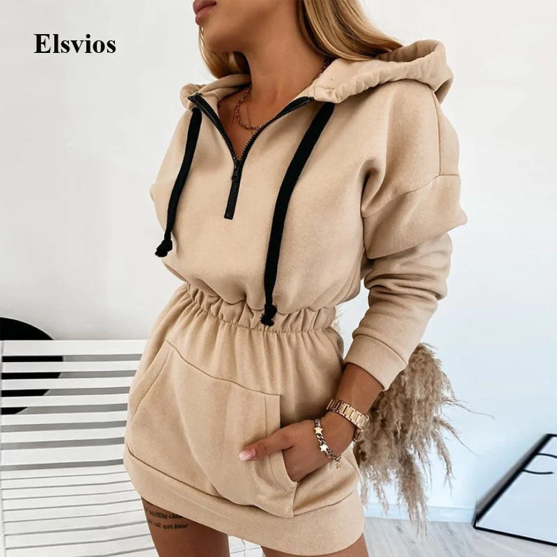 Take Advantage Elegant Long Butterfly Sleeve Hooded Sweatshirt Dress Autumn Casual Ruffle Mini Dress Lady Winter Loose Drawstring A-Line Dress