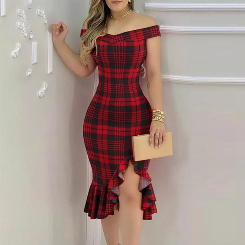 Super Bargain Elegant Slash Neck Glitter Party Dress Women Sexy Off Shoulder Club Midi Dress Spring Sleeveless Irregular Ruffle Bodycon Dress