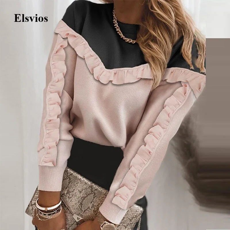Special Discount Elegant Spring Patchwork Ruffle Shirts Autumn Fashion O Neck Women Blouse  Casual Long Sleeve Pullover Tops Blusa Sweatshirt