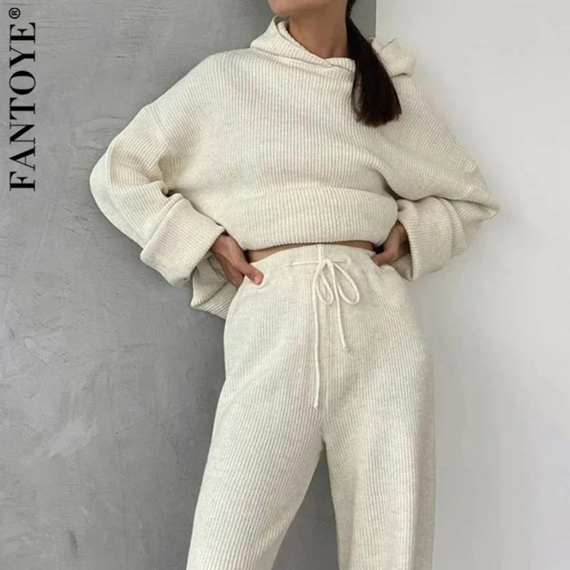 Year-End Clearance Casual Knit Hoodied With Pocket Two Piece Sets Women Solid Long Sleeve Top Wide Leg Pant Outfit Streetwear Tracksuit New