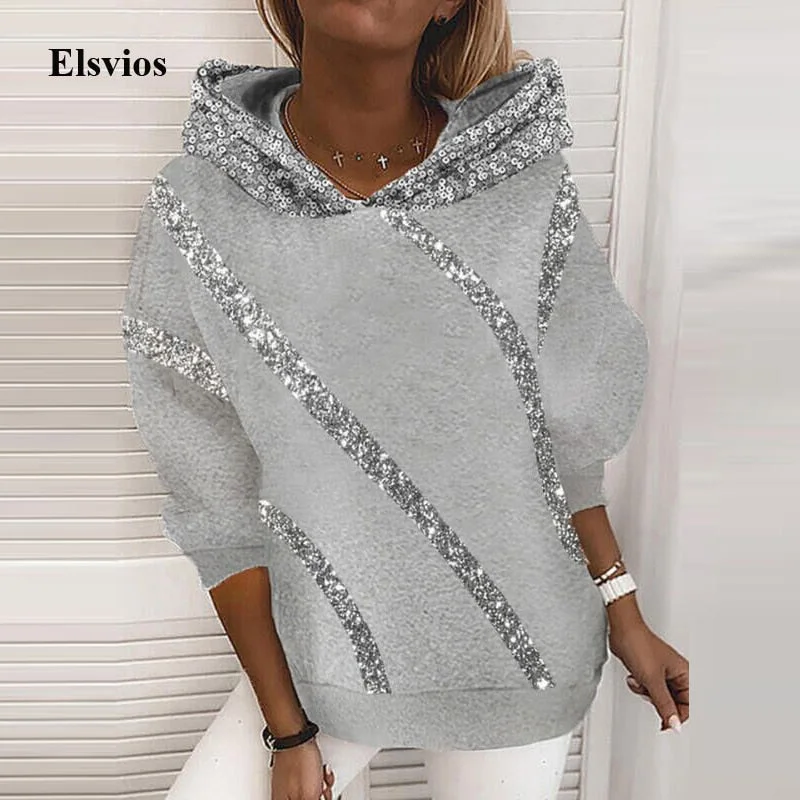 Today’s Deal Fashion Women Sequin Glitter Hooded Sweatshirt Winter Long Sleeve Pocket Tops Pullover Autumn Casual Heart Print Harajuku Hoodie