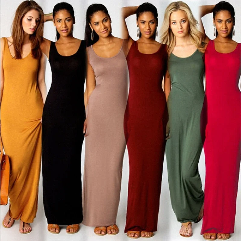 Grand Opening Sale Awakecrm Joskaa Elegant Women Sexy Dress O-Neck Sleeveless Slim Maxi Dress High Stretch Tank Robe Spring Summer Thin Long Dress Vestidos
