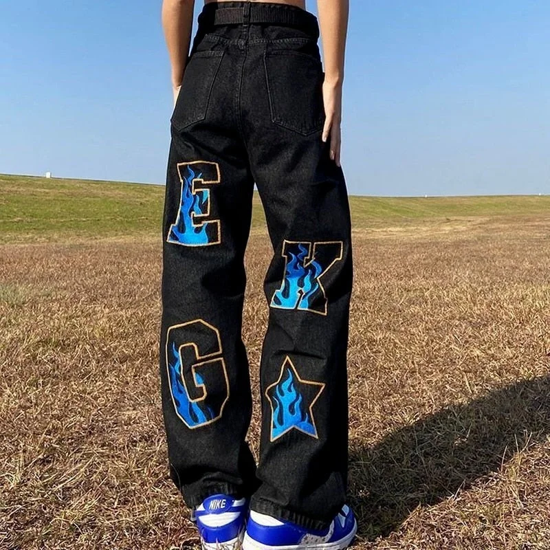 Mega Deal Awakecrm Men's American Retro Street Hip-Hop Print High Street Style Jeans Men And Women Loose Straight Wide-Leg Long Pants Ins Hot