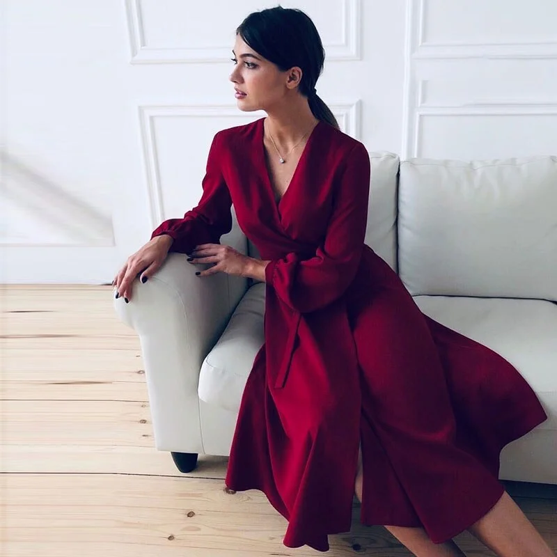 Unmissable Offer MOARCHO Sexy V-neck Sashes Midi Dresses Women Elegant Lantern Sleeve A-line Party Dress  Autumn New Fashion Women's Clothing