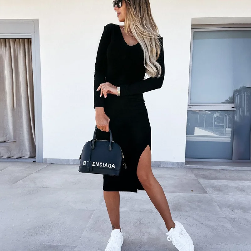 Weekend Deal Sexy V-neck Long Sleeve Bodycon Midi Dress Women  Autumn Casual Side Split Club Party Black Dreeses For Woman Robe Femme