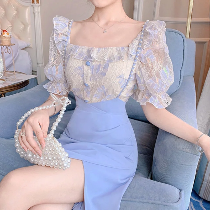 Exclusive Deal Short Sleeve Evening Party Midi Dress Women  Summer Korean Style 2 Piece Set Fashion Suits Elegant Vintage Lace Dress Female