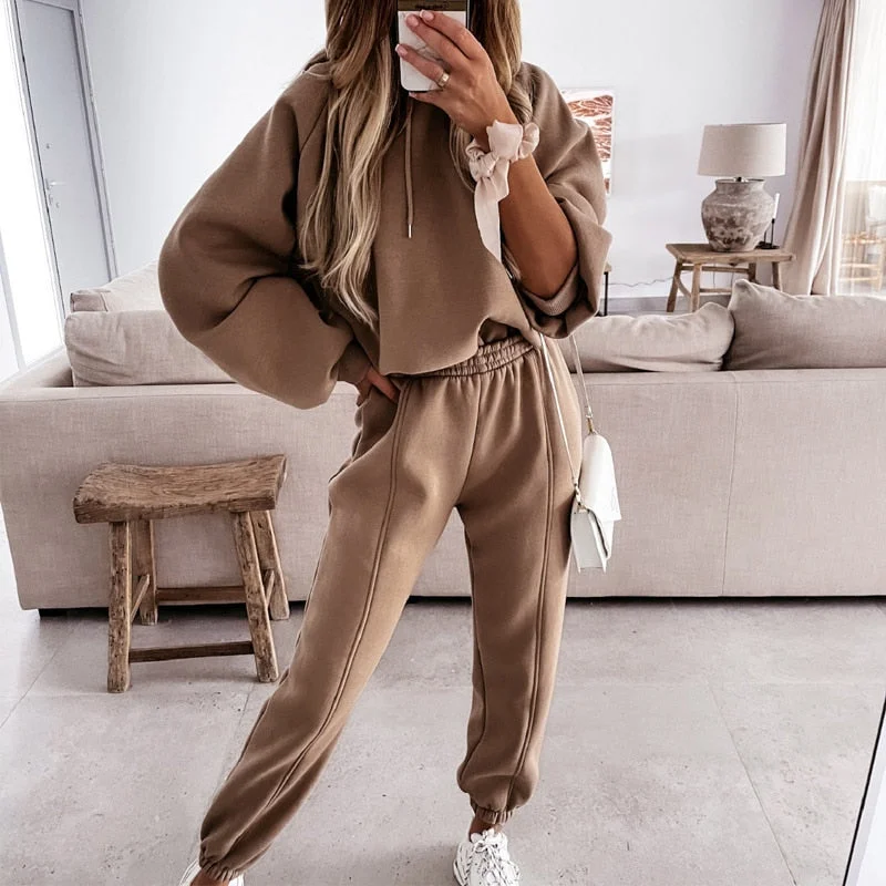 Value Deals Awakecrm Solid Long Sleeve Tops And Pocket Sweatpants Tracksuit Fashion Sports Women 2Pc Set Outfits Casual Loose Hooded Sweatshirt Suit