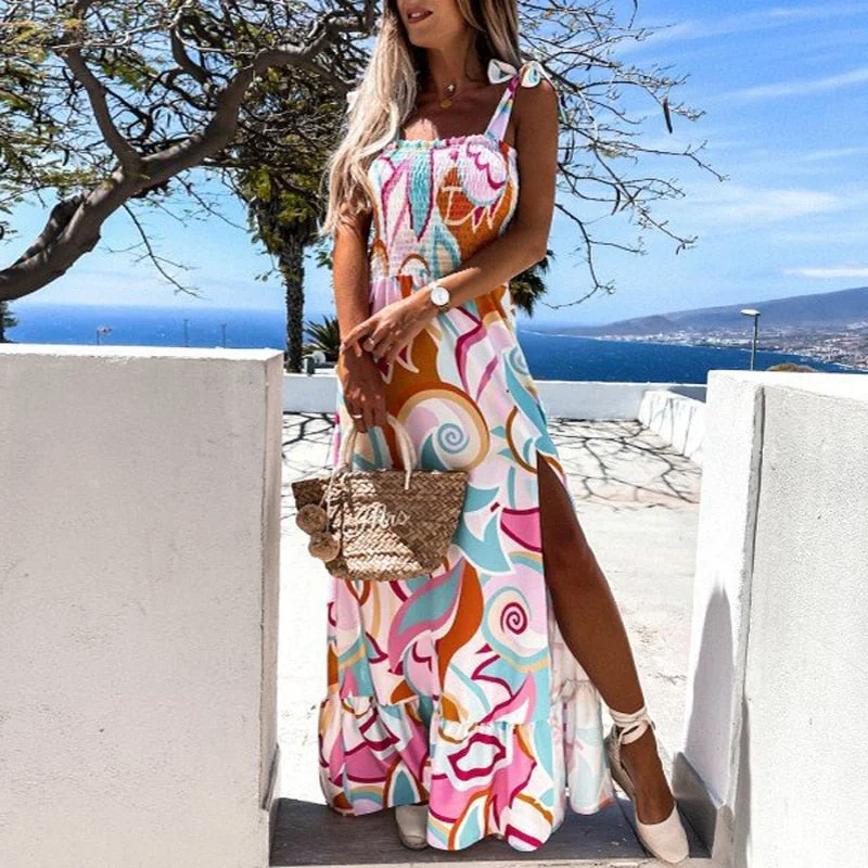 Bargain Bin Awakecrm Summer Sexy Sleeveless Beach Maxi Dress Elegant Tie-Up Sling Ruffle Split Party Dress Women Retro Pattern Print Boho Long Dress Bargain Bin Awakecrm Summer Sexy Sleeveless Beach Maxi Dress Elegant Tie-Up Sling Ruffle Split Party Dress Women Retro Pattern Print Boho Long Dress