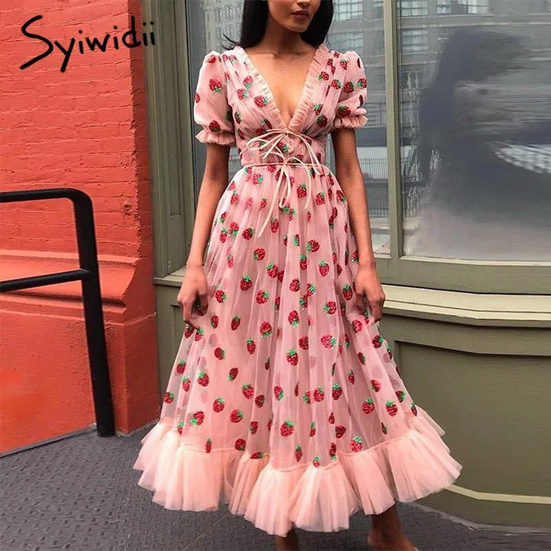 Blowout Sale Awakecrm Syiwidii Strawberry Dress Maxi Dresses for Women Lace Up V-Neck Belt Summer Puff Sleeve Elegant Pink Fashion Sequined Mesh Blowout Sale Awakecrm Syiwidii Strawberry Dress Maxi Dresses for Women Lace Up V-Neck Belt Summer Puff Sleeve Elegant Pink Fashion Sequined Mesh